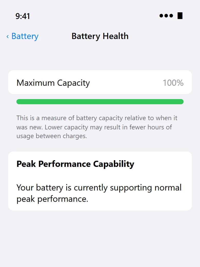 Illustration of iPhone Settings showing 100% maximum capacity after the battery replacement