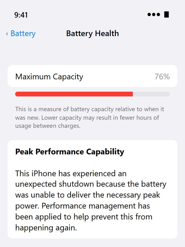 Illustration of iPhone Settings showing battery maximum capacity below 80%