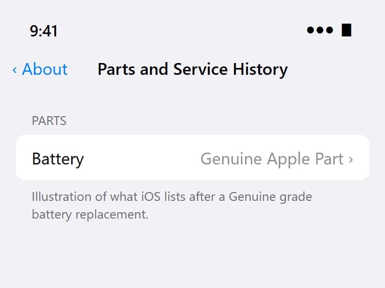 Illustration of iPhone Parts and Service History showing Battery – Genuine Apple Part