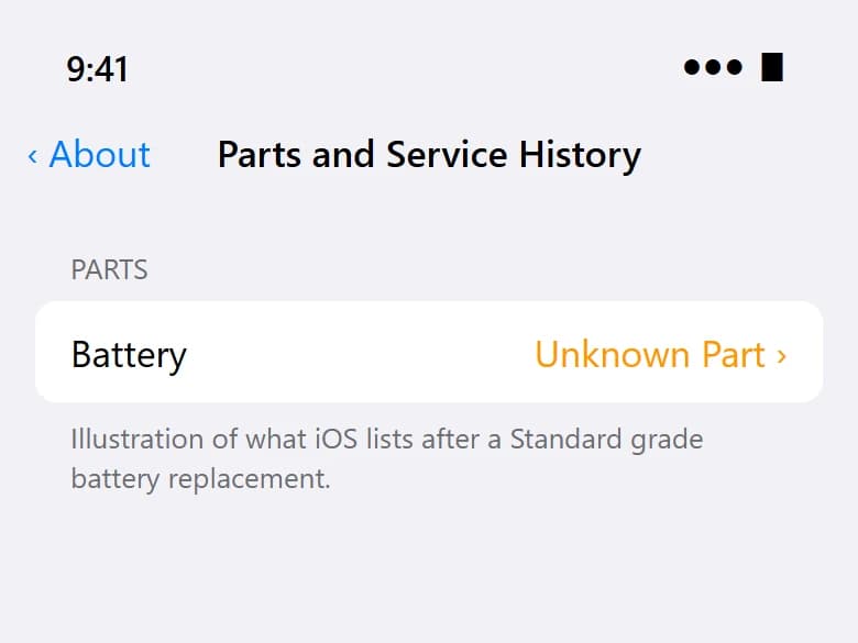 Illustration of iPhone Parts and Service History showing Battery – Unknown Part