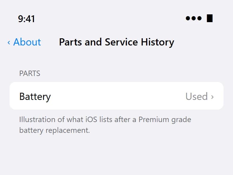 Illustration of iPhone Parts and Service History showing Battery – Used