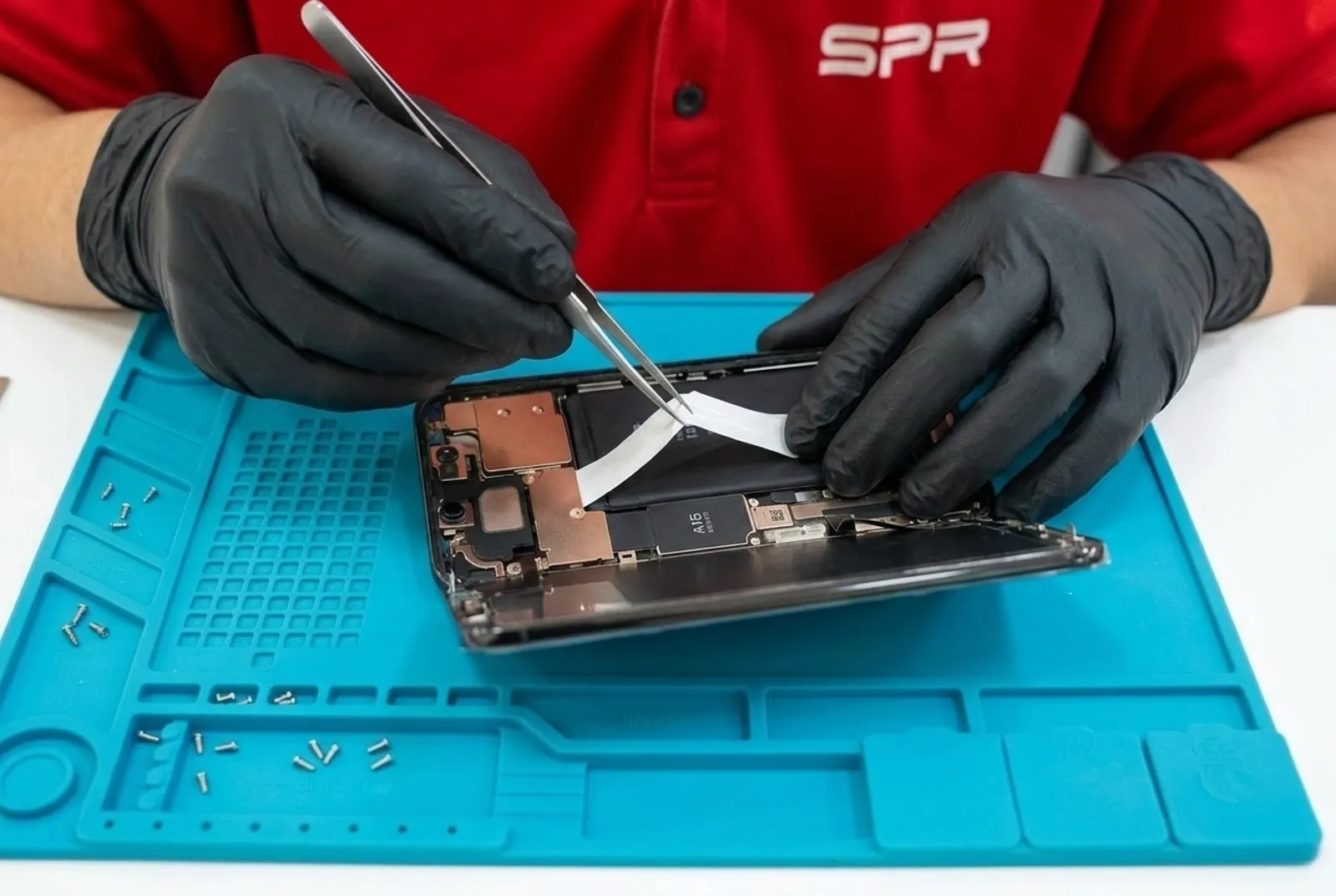 Technician removing the adhesive strips under an iPhone battery