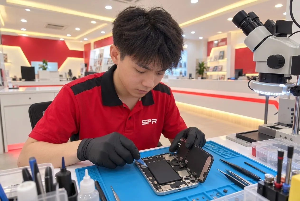 Technician opening an iPhone 13 with the original battery still fitted